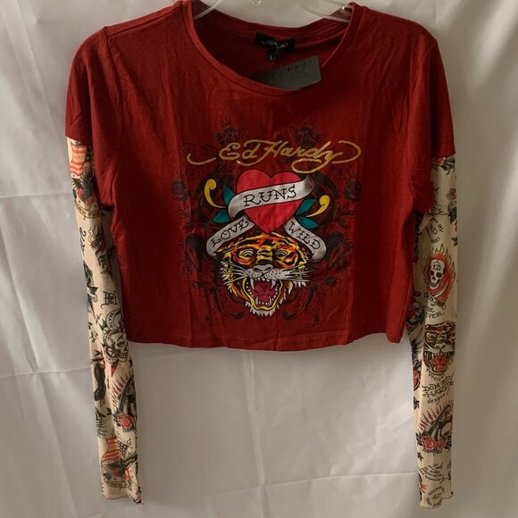 ED HARDY Love Tiger Hang Down Baby Tee with Sleeves in Wine Sz LARGE - Picture 2 of 5